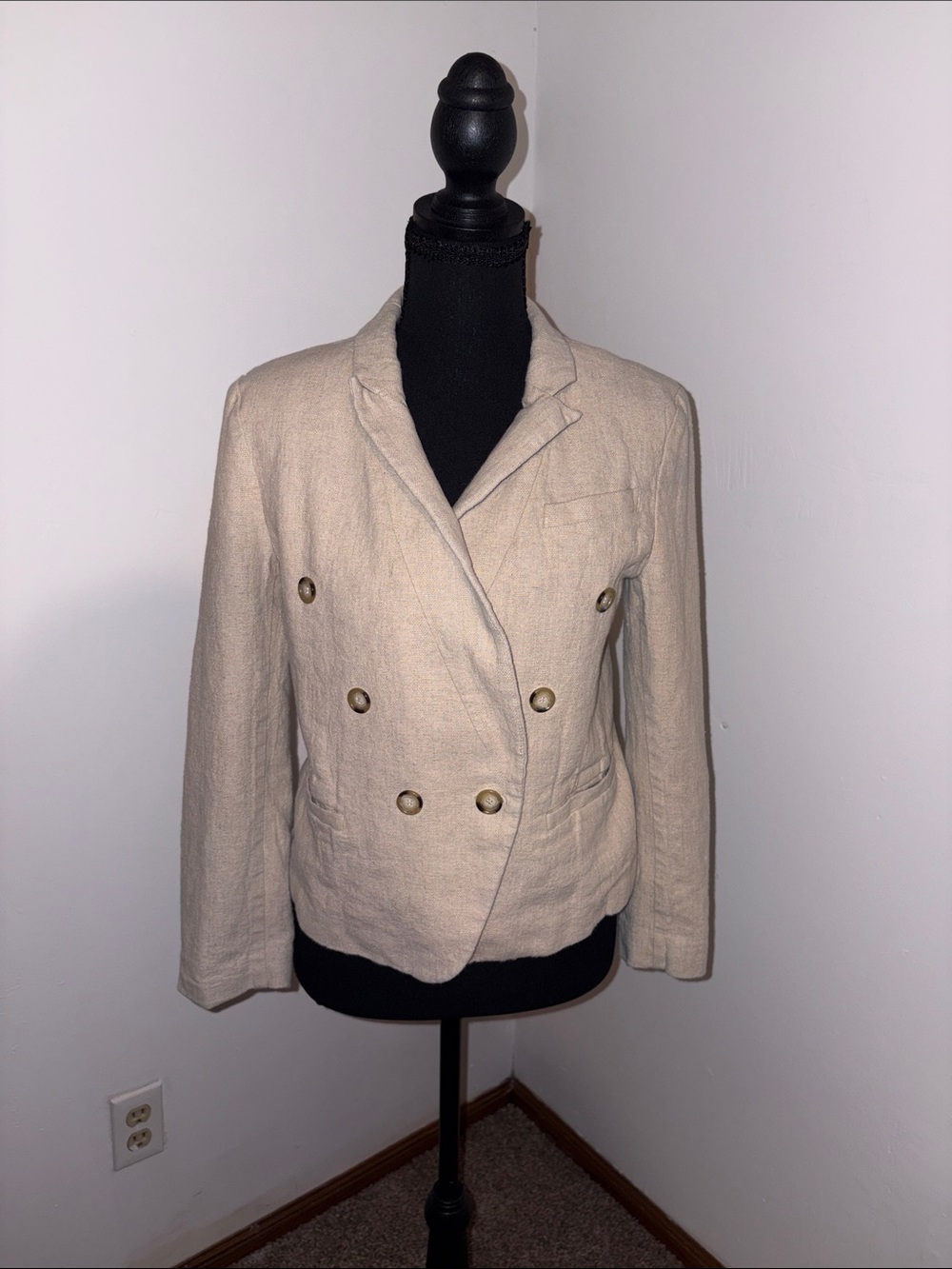 LOFT Beige Double-Breasted Linen-Blend Blazer